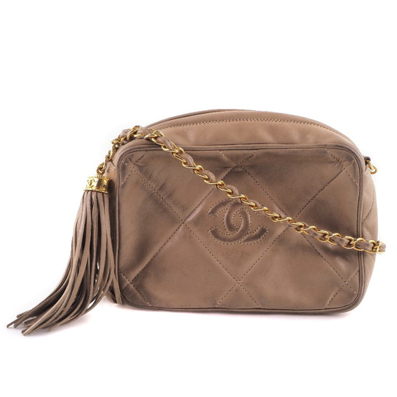 Chanel Chain Shoulder Bag Fringe Lambskin Crossbody Zipper Beige - Picture 1 of 12